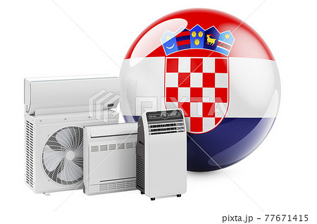 Croatian flag with cooling and climate electric devices. Manufacturing, trading and service of air conditioners in Croatia, 3D rendering Croatian flag with cooling and climate electric devices. Manufacturing, trading and service of air conditioners in Croatia, 3D rendering 77671415