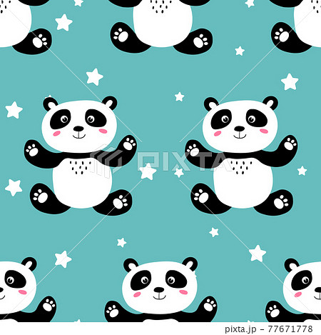 Seamless pattern with cute panda baby and stars on color background. Funny asian animals. Card, postcards for kids. Flat vector illustration for fabric, textile, wallpaper, gift wrapping paper 77671778
