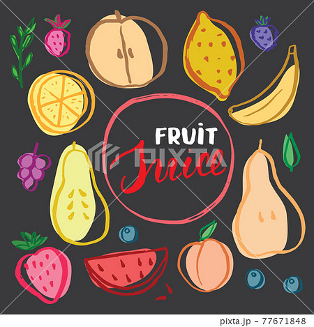 Fruit Set, collection of juicy fruits, apple, pear, strawberry, orange slice, peach, plum, banana, watermelon, papaya, grapes, lemon and berries. Vector illustration Fruit Set, collection of juicy fruits, apple, pear, strawberry, orange slice, peach, plum, banana, watermelon, papaya, grapes, lemon and berries. Vector illustration 77671848