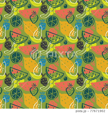 Fruit seamless pattern, collection of juicy fruits, apple, pear, strawberry, orange slice, peach, plum, banana, watermelon, papaya, grapes, lemon and berries background, vector illustration Fruit seamless pattern, collection of juicy fruits, apple, pear, strawberry, orange slice, peach, plum, banana, watermelon, papaya, grapes, lemon and berries background, vector illustration 77671902