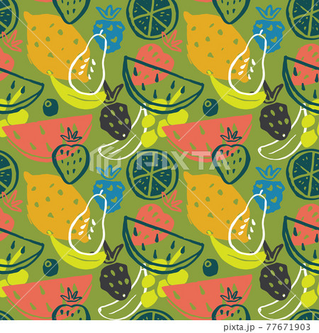 Fruit seamless pattern, collection of juicy fruits, apple, pear, strawberry, orange slice, peach, plum, banana, watermelon, papaya, grapes, lemon and berries background, vector illustration Fruit seamless pattern, collection of juicy fruits, apple, pear, strawberry, orange slice, peach, plum, banana, watermelon, papaya, grapes, lemon and berries background, vector illustration 77671903