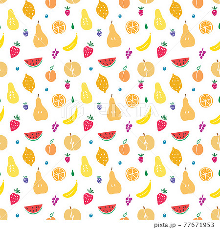 Fruit seamless pattern, collection of juicy fruits, apple, pear, strawberry, orange slice, peach, plum, banana, watermelon, papaya, grapes, lemon and berries background, vector illustration 77671953