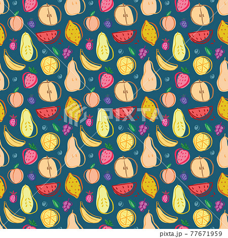 Fruit seamless pattern, collection of juicy fruits, apple, pear, strawberry, orange slice, peach, plum, banana, watermelon, papaya, grapes, lemon and berries background, vector illustration 77671959