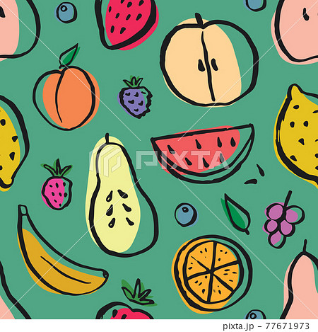Fruit seamless pattern, collection of juicy fruits, apple, pear, strawberry, orange slice, peach, plum, banana, watermelon, papaya, grapes, lemon and berries background, vector illustration 77671973