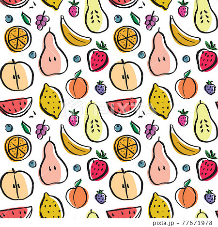 Fruit seamless pattern, collection of juicy fruits, apple, pear, strawberry, orange slice, peach, plum, banana, watermelon, papaya, grapes, lemon and berries background, vector illustration 77671978