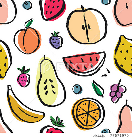 Fruit seamless pattern, collection of juicy fruits, apple, pear, strawberry, orange slice, peach, plum, banana, watermelon, papaya, grapes, lemon and berries background, vector illustration 77671979