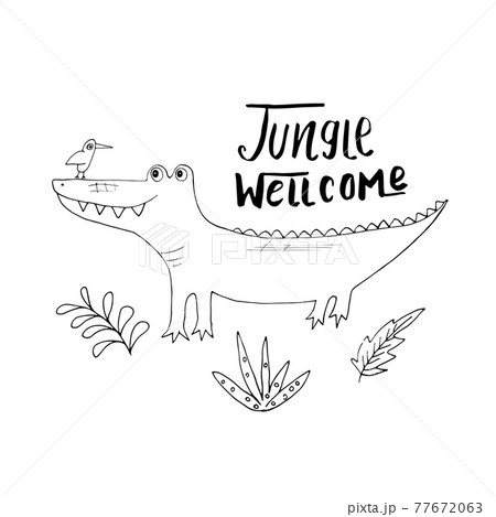 Cute Croccodile with Jungle welcom lettering Cartoon Animal baby and children print design Vector Illustration Cute Croccodile with Jungle welcom lettering Cartoon Animal baby and children print design Vector Illustration 77672063