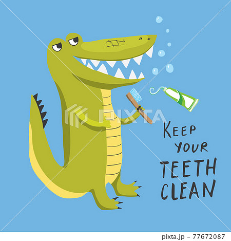 Cute Croccodile with toothbrush Cartoon Animal baby and children print design Vector Illustration 77672087