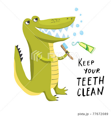 Cute Croccodile with toothbrush Cartoon Animal baby and children print design Vector Illustration 77672089