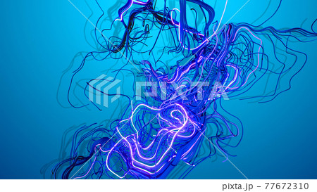 Abstract bg with loops of wires. Multicolor flash of curved lines. Concept of neural network, artificial intelligence. Running neon lights like garland or lightnings. AI signals. 3d render 77672310