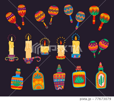 Mexican cartoon maracas, candles, tequila bottles Mexican cartoon maracas, candles, tequila bottles 77673079