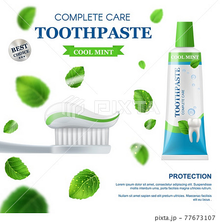 Mint toothpaste, dental care toothbrush and leaves 77673107
