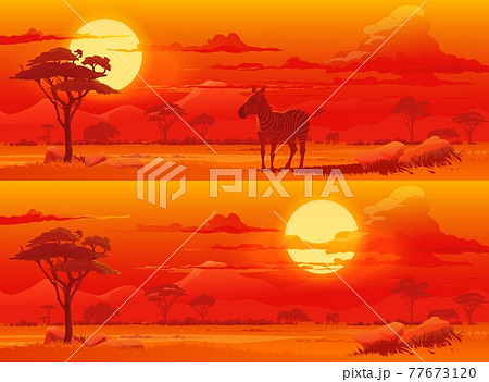 African savanna sunset, animals vector landscape 77673120