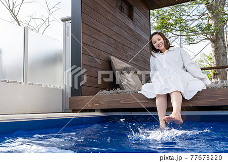 ワーケーション　プールサイド　仕事 77673220