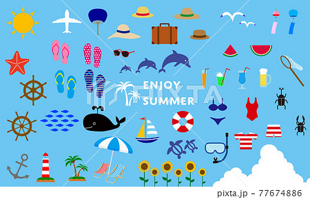 夏の海や 夏休みをイメージしたカラーイラスト ベクター画像セット のイラスト素材