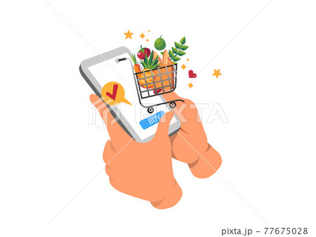 Food in the cart coming out of Smartphone Online Shopping App Concept Mobile Store Marketing And Digital Marketing Vector Illustration 77675028