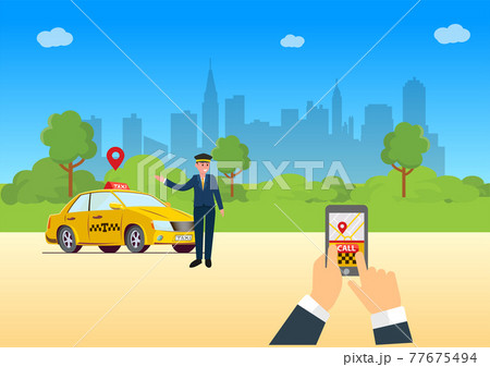 Hands with smart phone and taxi application, Taxi service, Yellow taxi cab on city silhouette with skyscrapers and tower background, Vector illustration. Hands with smart phone and taxi application, Taxi service, Yellow taxi cab on city silhouette with skyscrapers and tower background, Vector illustration. 77675494