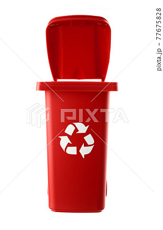 Plastic red trash can isolated on white background 77675828