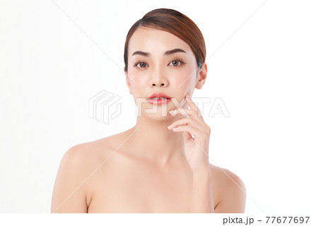 Beautiful young asian woman with clean fresh skin on white background, Face care, Facial treatment 77677697