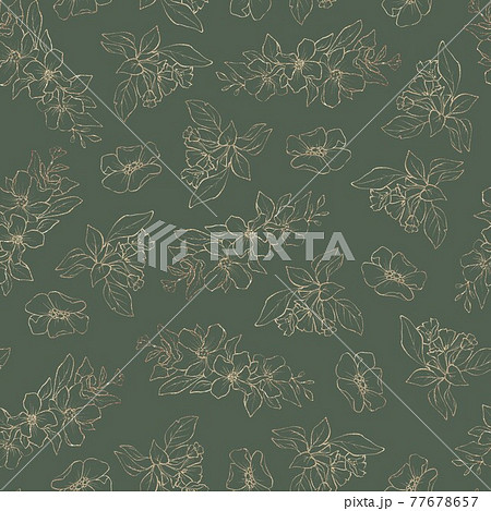 Seamless pattern. Gold outlines of spring flowers and leaves 77678657