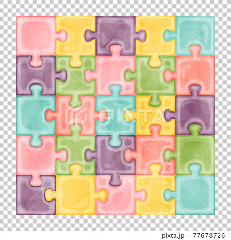 正方形カラフルパズルの手描き水彩風イラスト 77678726
