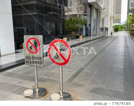 No dog allowed and parking restriction sign in common walking area 77679180
