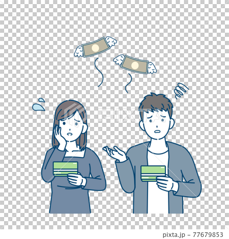 金欠　貯金　出費　お金がない　若い男女　大学生　貧困　イラスト素材 77679853