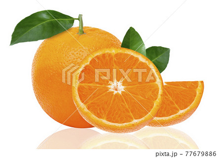 Oranges fruit with leaves isolated on white background Oranges fruit with leaves isolated on white background 77679886