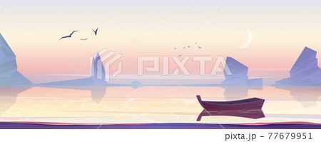 Wooden Boat On Sea Lake Or Pond Scenery Landscapeのイラスト素材
