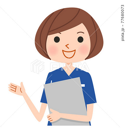 説明をする笑顔の看護師、スクラブを着た女性のベクターイラスト 説明をする笑顔の看護師、スクラブを着た女性のベクターイラスト 77680073