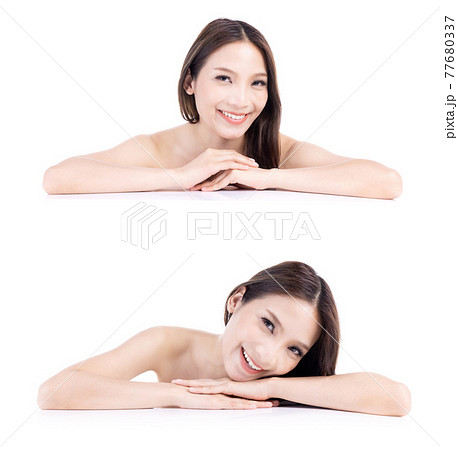 Beautiful asian Woman with Fresh Skin. Face care . Facial treatment on white background Beautiful asian Woman with Fresh Skin. Face care . Facial treatment on white background 77680337
