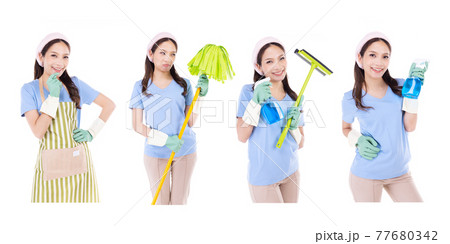 Portrait of young Asian woman wearing green rubber gloves for hands protection during cleaning isolated over white background. Portrait of young Asian woman wearing green rubber gloves for hands protection during cleaning isolated over white background. 77680342