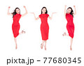 Portrait beautiful asian woman in a red dress Showing a happy expression On a white background 77680345