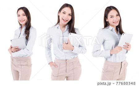 Woman with digital tablet computer PC happy isolated on white background. Woman with digital tablet computer PC happy isolated on white background. 77680348