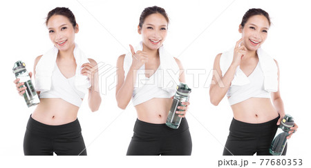 Young asian sporty woman with Water bottle isolate on white background . 77680353