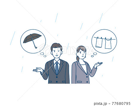 雨が降る　傘を忘れる　洗濯物干しっぱなし　困る　スーツ姿の男女　会社員　イラスト素材 77680795