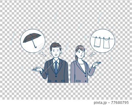 雨が降る　傘を忘れる　洗濯物干しっぱなし　困る　スーツ姿の男女　会社員　イラスト素材 77680795