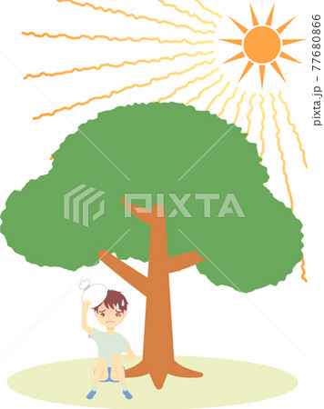 熱中症 木陰で休む少年のイラストのイラスト素材