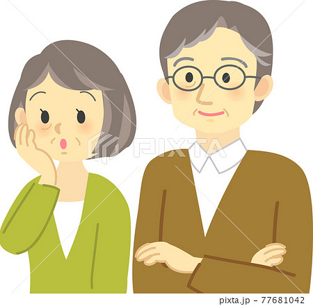 イラスト素材 老夫婦が感心した表情で同じ方向を見る場面 頬に手を当て話を聞くのイラスト素材