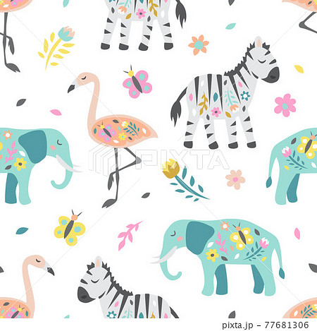 Safari childish seamless pattern. Cute zebra elephant and flamingo. Creative texture for fabric, textile 77681306