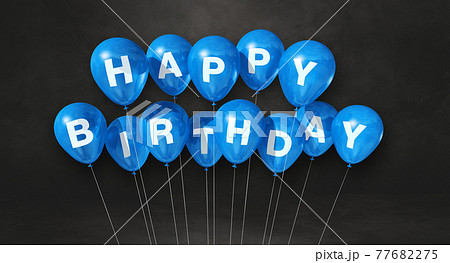 Blue happy birthday air balloons on a black background scene. Horizontal Banner 77682275