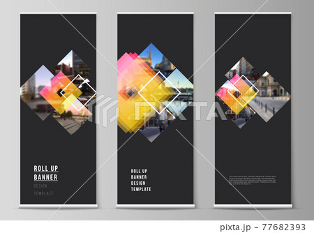 The vector illustration of the editable layout of roll up banner stands, vertical flyers, flags design business templates. Creative trendy style mockups, blue color trendy design backgrounds. 77682393