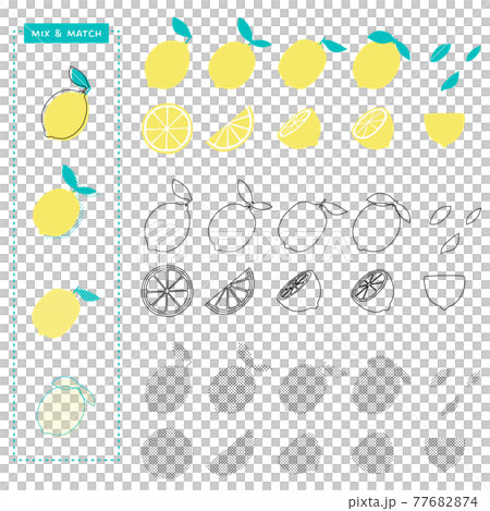 手書きレモンのデザイン素材セット 組み合わせて使えるカラー ライン スクリーントーン調のレモンのイラスト素材