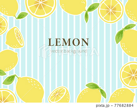爽やかなブルーのストライプの背景に手書きのレモンを配置した背景素材のイラスト素材 7764