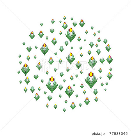 Composition with flowers and leaves of tulips in a circle. Layout with place for text. Modern design for advertising. Vector 77683046