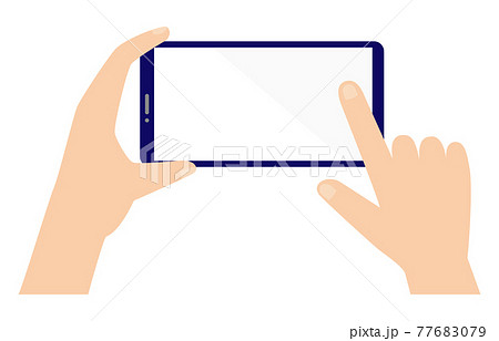 横向きのスマートフォンを操作する手のイラスト 両手 フラットデザインのイラスト素材