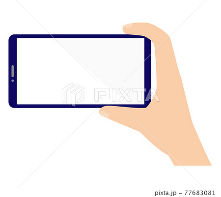 横向きのスマートフォンを持つ手のイラスト 片手 フラットデザインのイラスト素材