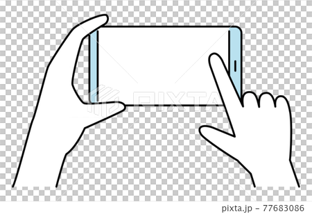 一隻手操作側向智能手機的線條藝術插圖，雙手，2 種顏色 77683086