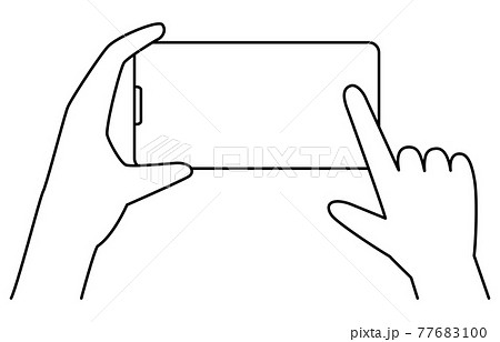 横向きのスマートフォンを操作する手の線画イラスト 両手のイラスト素材