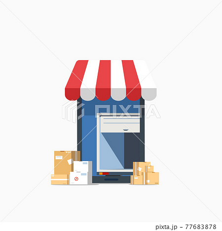 Online Shopping on Mobile Application Vector Concept. with cardboard box, and empty delivery van inside mobile phone. Digital marketing illustration Online Shopping on Mobile Application Vector Concept. with cardboard box, and empty delivery van inside mobile phone. Digital marketing illustration 77683878